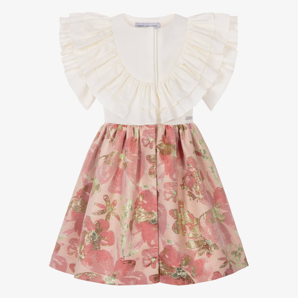Jessie and James London-Girls Pink Cotton Floral Jacquard Dress | Childrensalon Outlet