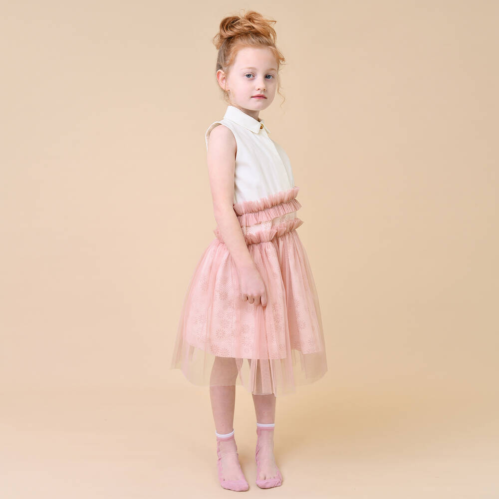 Jessie and James London-Girls Pink Cotton Jacquard & Tulle Dress | Childrensalon Outlet