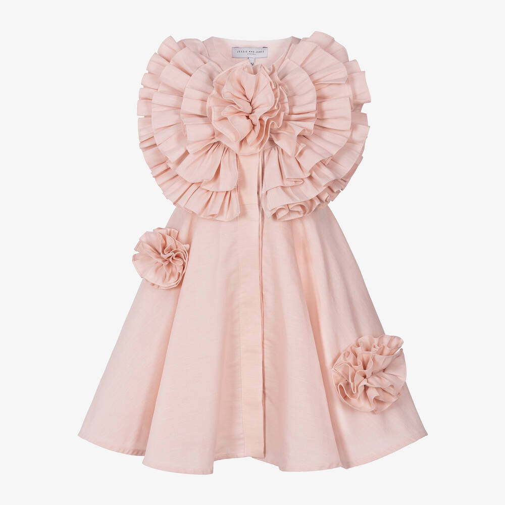 Jessie and James London-فستان مزيج قطن لون زهري مزين بكشكش | Childrensalon Outlet