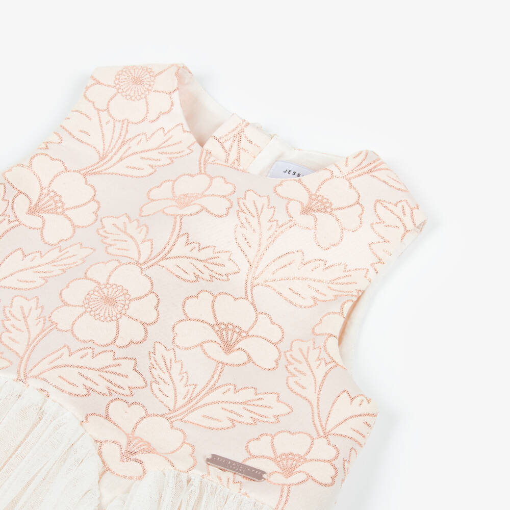 Jessie and James London-Girls Pink Floral Jacquard Dress with Tulle Skirt | Childrensalon Outlet