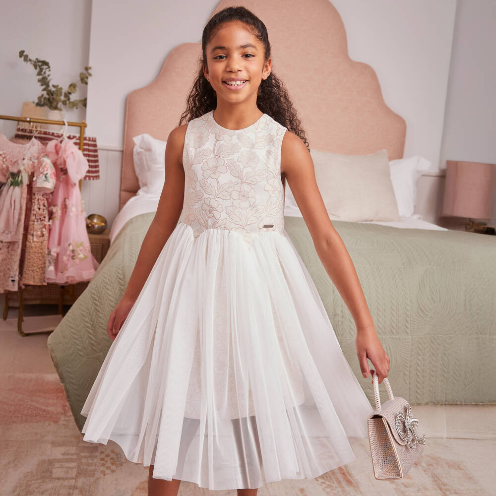 Jessie and James London-Girls Pink Floral Jacquard Dress with Tulle Skirt | Childrensalon Outlet