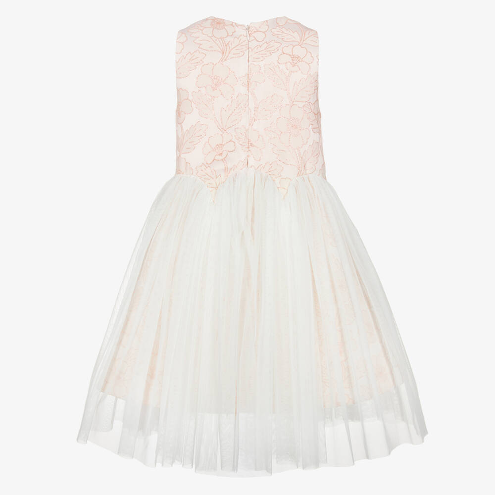 Jessie and James London-Girls Pink Floral Jacquard Dress with Tulle Skirt | Childrensalon Outlet