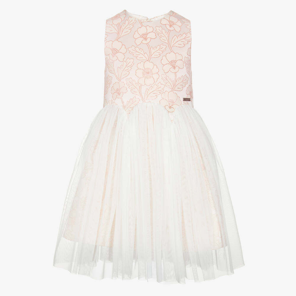 Jessie and James London-Girls Pink Floral Jacquard Dress with Tulle Skirt | Childrensalon Outlet