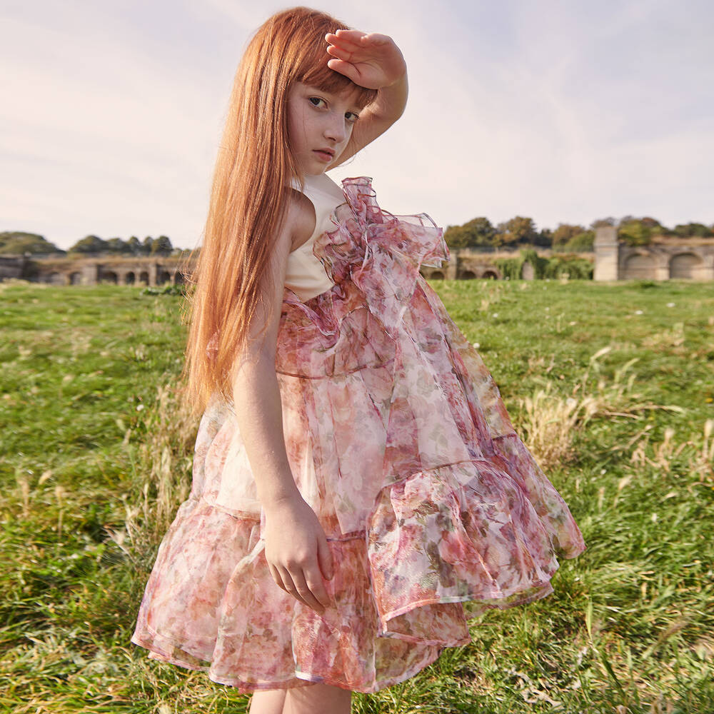 Jessie and James London-Girls Pink Floral Organza Ruffle Dress | Childrensalon Outlet