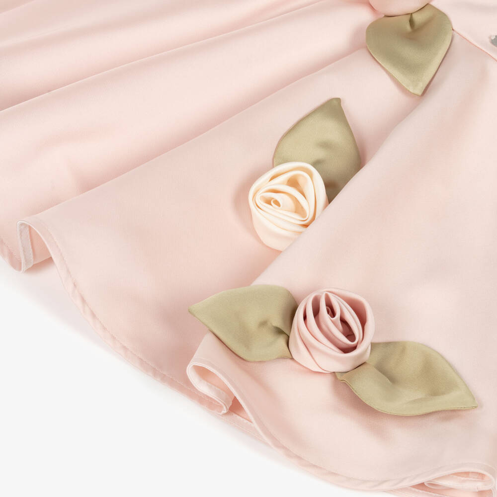 Jessie and James London-Girls Pink Satin Dress with 3D Floral Appliqués | Childrensalon Outlet