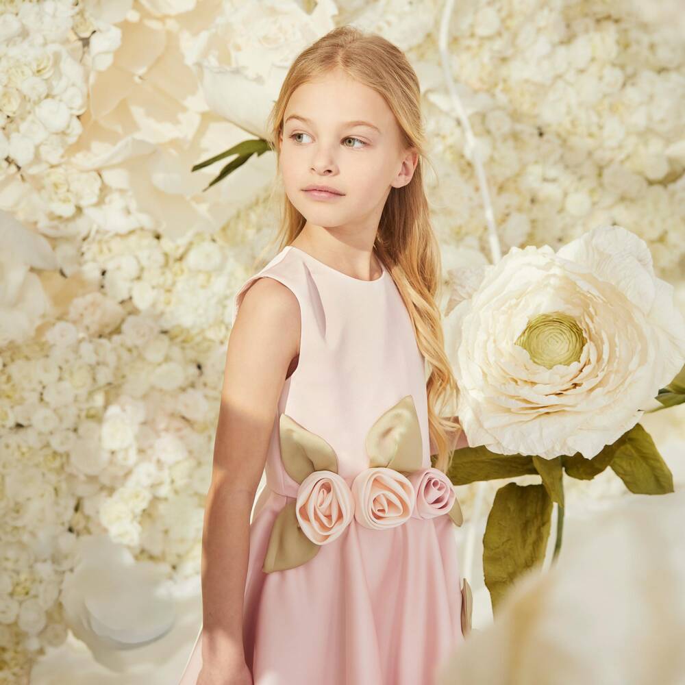 Jessie and James London-Girls Pink Satin Dress with 3D Floral Appliqués | Childrensalon Outlet