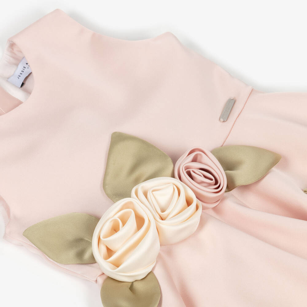 Jessie and James London-Girls Pink Satin Dress with 3D Floral Appliqués | Childrensalon Outlet