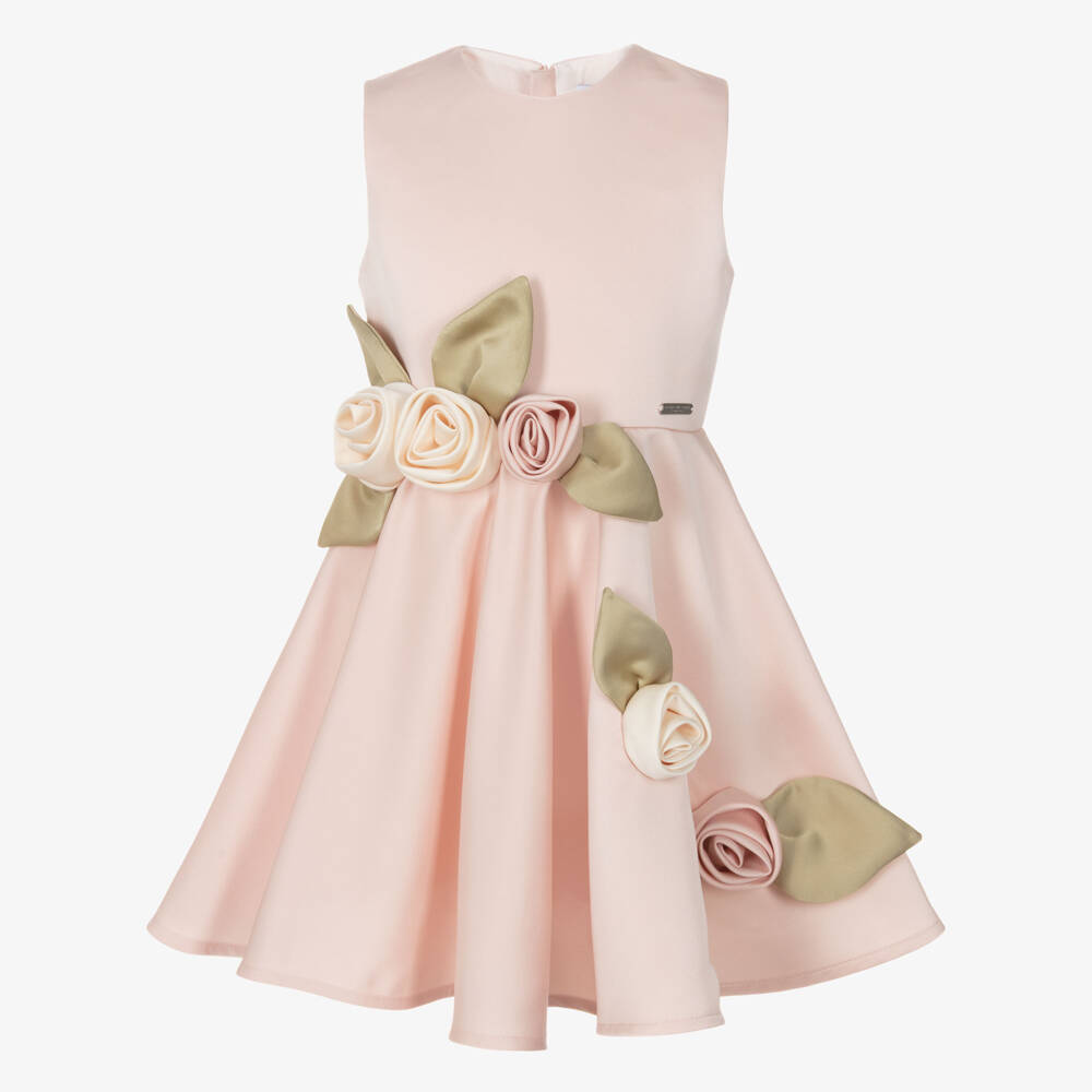 Jessie and James London-Girls Pink Satin Dress with 3D Floral Appliqués | Childrensalon Outlet
