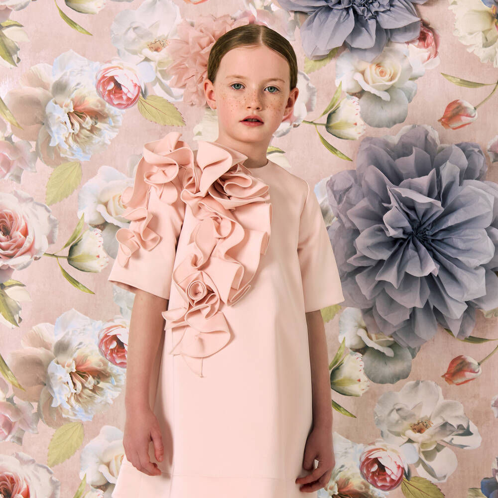 Jessie and James London-Girls Pink Satin Dress with Abstract Tonal Ruffle | Childrensalon Outlet