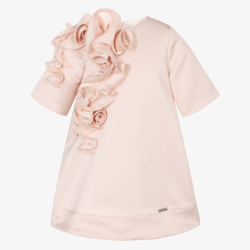 Jessie and James London-Girls Pink Satin Dress with Abstract Tonal Ruffle | Childrensalon Outlet