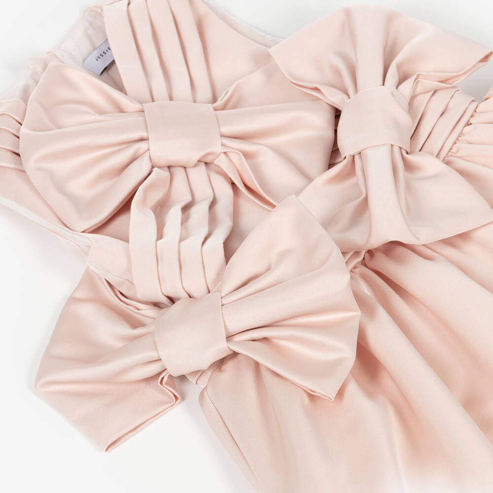 Jessie and James London-Girls Pink Satin Dress with Bow Appliqués | Childrensalon Outlet