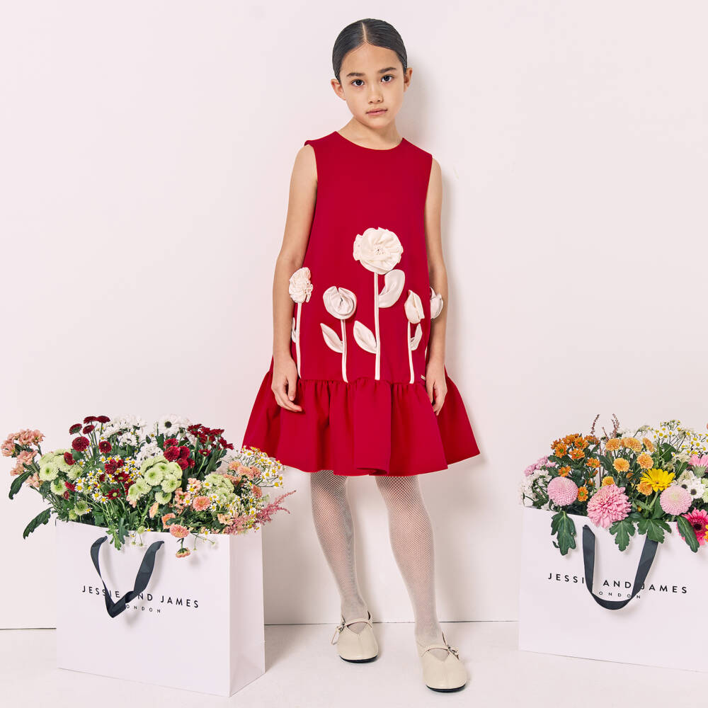 Jessie and James London-Girls Red Cotton Twill 3D Flower Dress | Childrensalon Outlet