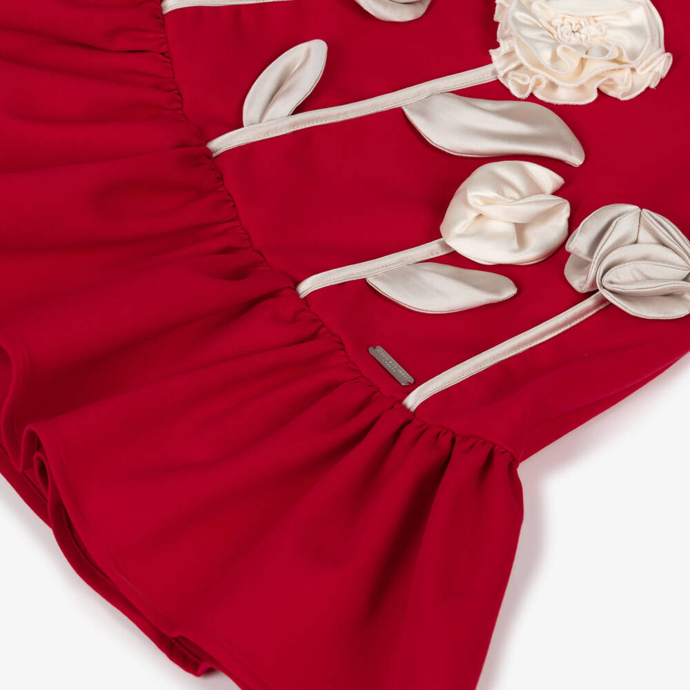 Jessie and James London-Girls Red Cotton Twill 3D Flower Dress | Childrensalon Outlet