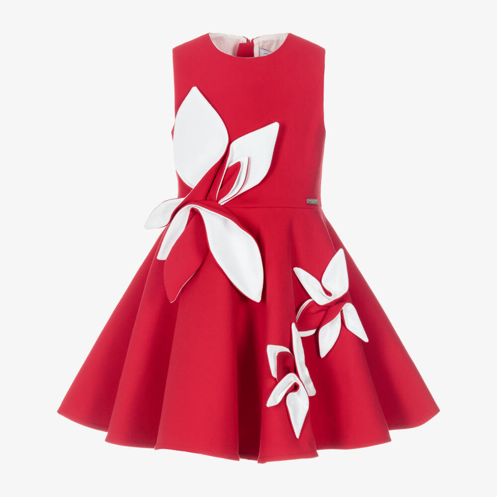 Jessie and James London-Girls Red Jersey Dress with White Floral Appliqués | Childrensalon Outlet