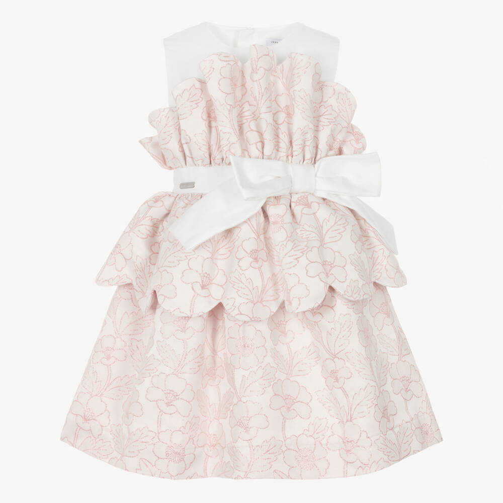 Jessie and James London-Girls Shimmery Pink Floral Jacquard Scalloped Dress | Childrensalon Outlet
