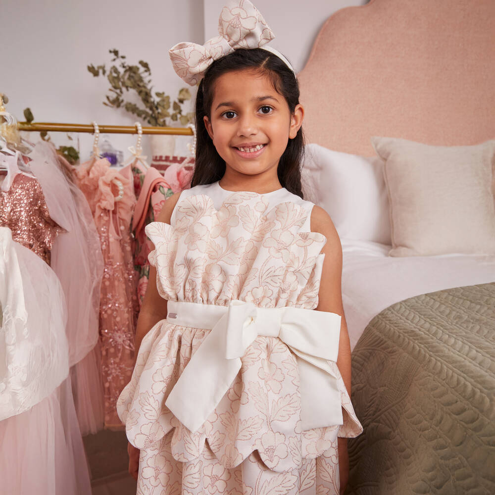 Jessie and James London-Girls Shimmery Pink Floral Jacquard Scalloped Dress | Childrensalon Outlet