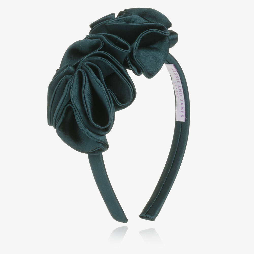 Jessie and James London-Girls Teal Green Satin Flower Hairband | Childrensalon Outlet