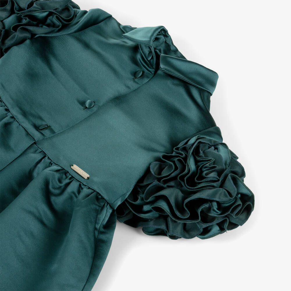 Jessie and James London-Girls Teal Green Satin Ruffle Sleeve Dress | Childrensalon Outlet