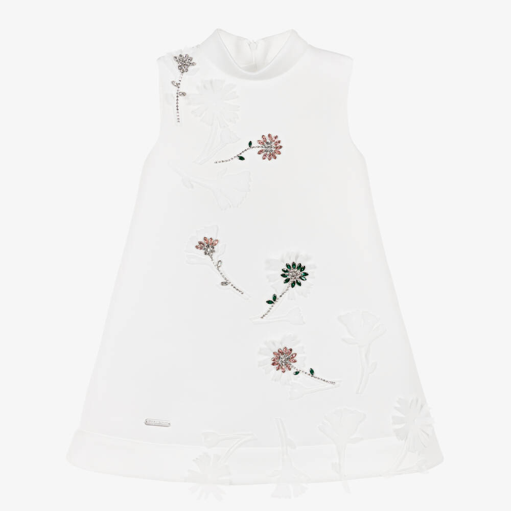 Jessie and James London-Girls White A-Line Dress with Diamanté Flowers | Childrensalon Outlet