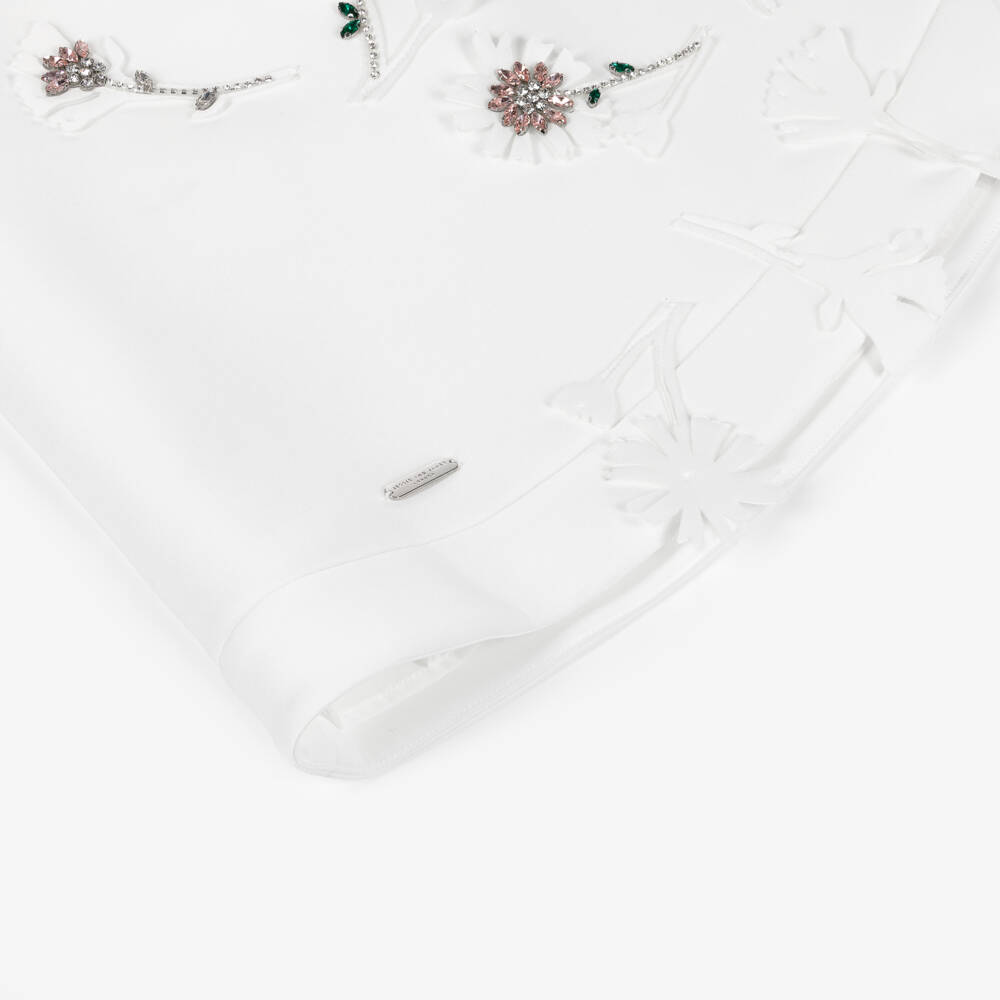 Jessie and James London-Girls White A-Line Dress with Diamanté Flowers | Childrensalon Outlet