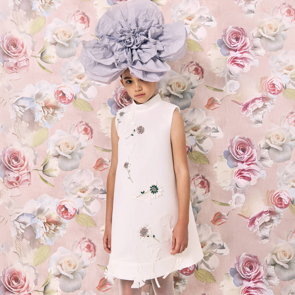 Jessie and James London-Girls White A-Line Dress with Diamanté Flowers | Childrensalon Outlet