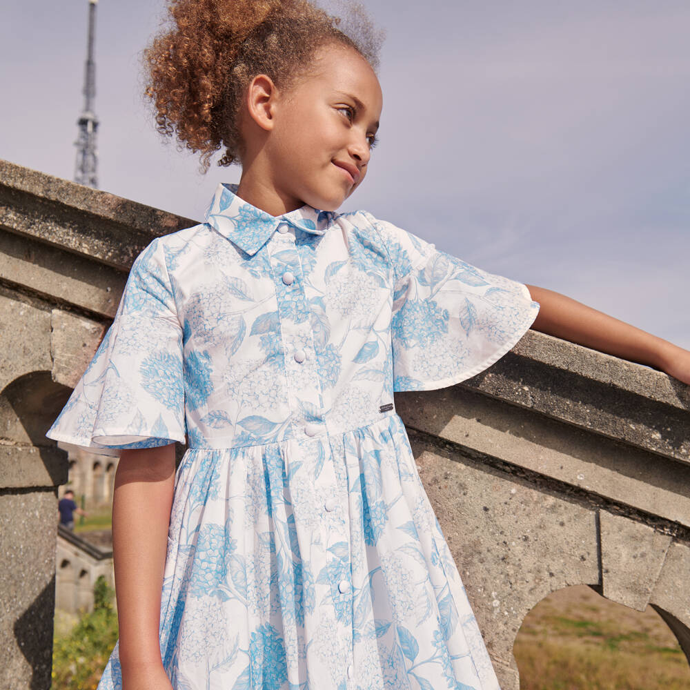 Jessie and James London-Girls White & Blue Floral Cotton Dress | Childrensalon Outlet