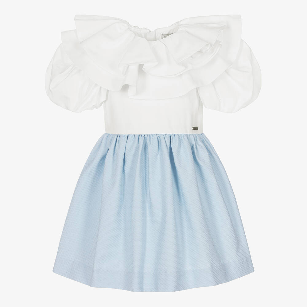 Jessie and James London - Girls White & Blue Puffed Sleeve Dress | Childrensalon