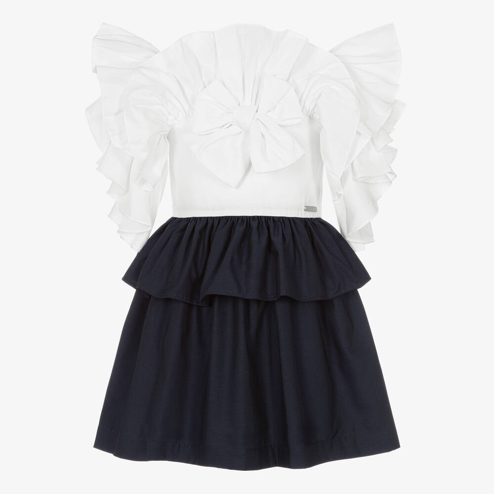 Jessie and James London - Girls White & Blue Ruffle Dress | Childrensalon