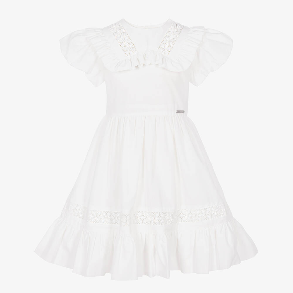 Jessie and James London - Белое хлопковое платье с прорезной вышивкой | Childrensalon