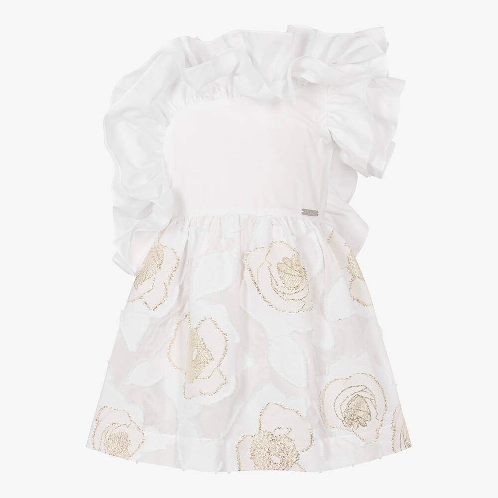 Jessie and James London-Girls White & Gold  Rose Ruffle Dress | Childrensalon Outlet