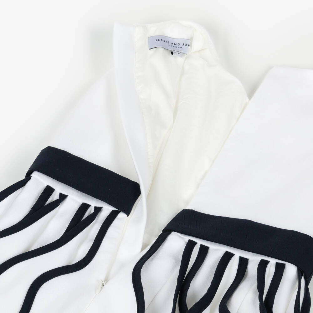 Jessie and James London-Girls White & Navy Blue Cotton Dress with 3D Folds | Childrensalon Outlet