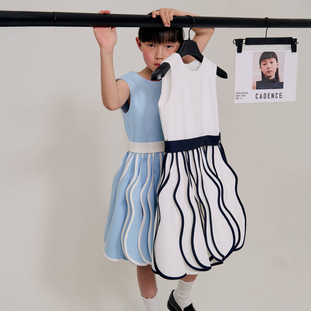 Jessie and James London-Girls White & Navy Blue Cotton Dress with 3D Folds | Childrensalon Outlet