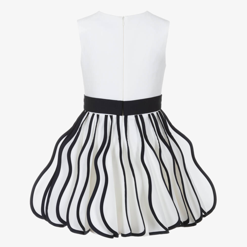 Jessie and James London-Girls White & Navy Blue Cotton Dress with 3D Folds | Childrensalon Outlet