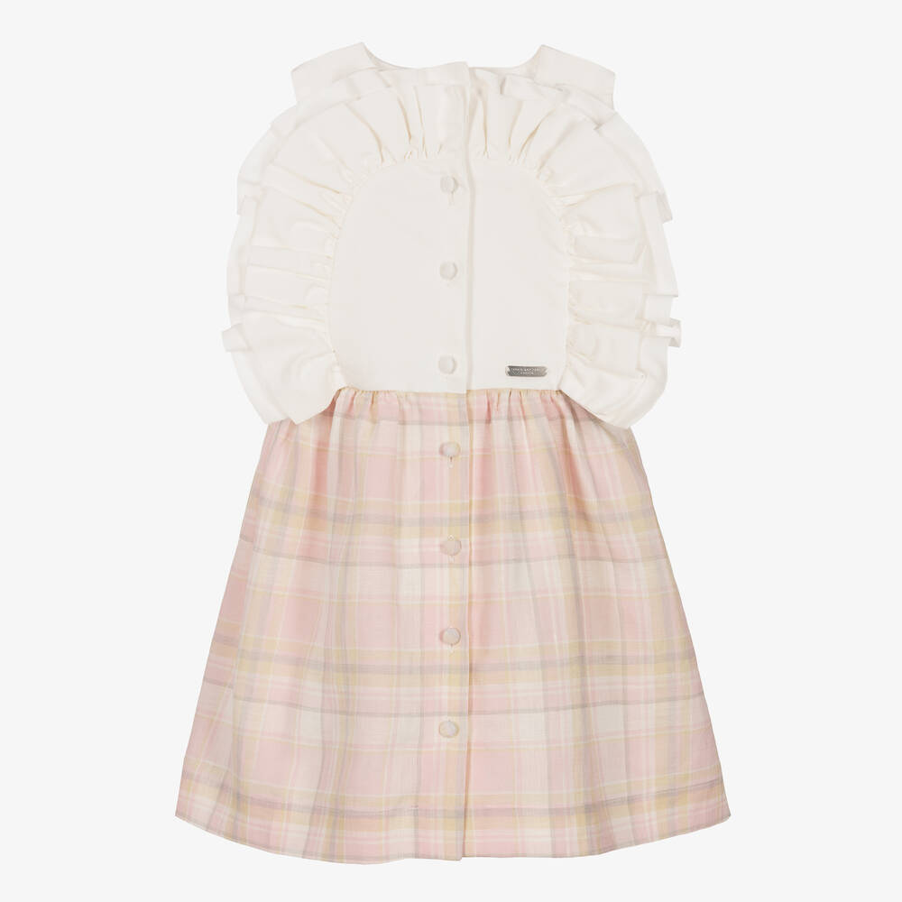 Jessie and James London - Girls White & Pink Check Linen Dress | Childrensalon