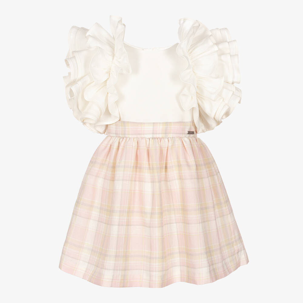 Jessie and James London - Girls White & Pink Ruffle Sleeve Dress | Childrensalon
