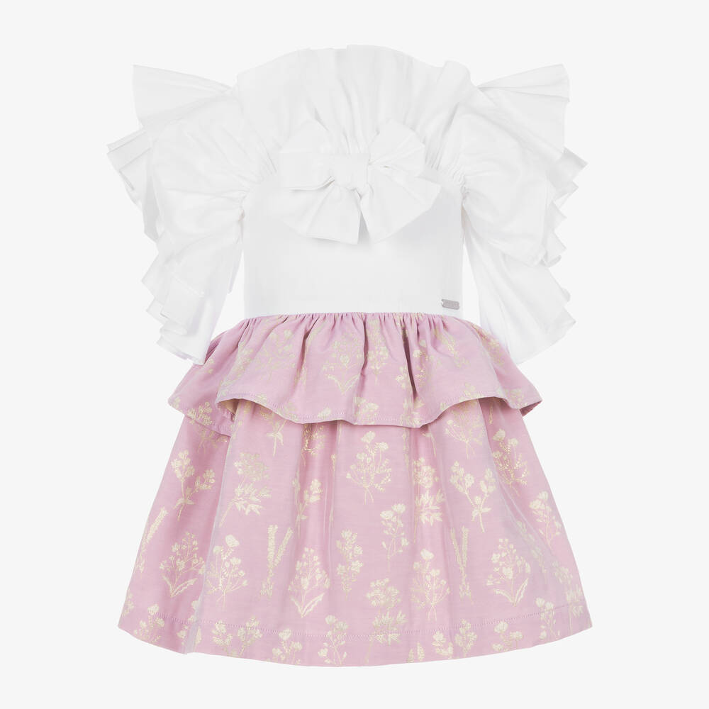 Jessie and James London - Girls White & Purple Ruffle Dress | Childrensalon