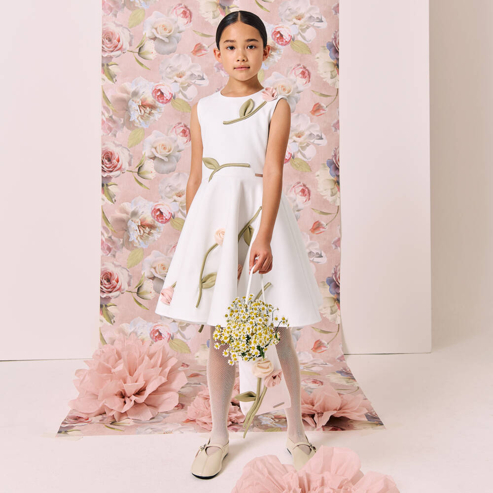 Jessie and James London-Girls White Satin Dress with 3D Rose Appliqués | Childrensalon Outlet