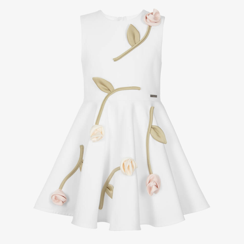 Jessie and James London-Girls White Satin Dress with 3D Rose Appliqués | Childrensalon Outlet