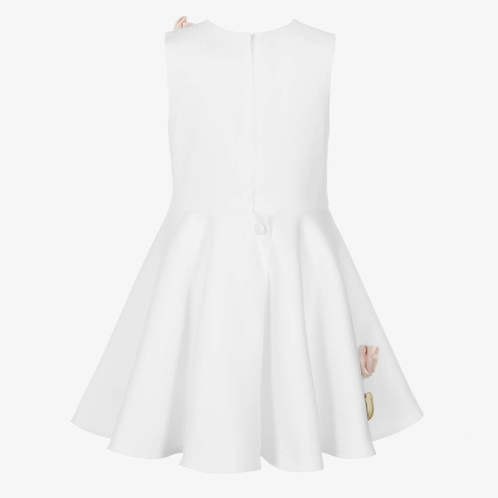 Jessie and James London-Girls White Satin Dress with 3D Rose Appliqués | Childrensalon Outlet