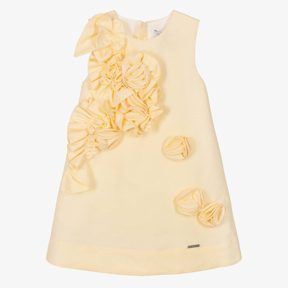 Jessie and James London-Girls Yellow Cotton & Hemp Dress with 3D Flowers | Childrensalon Outlet