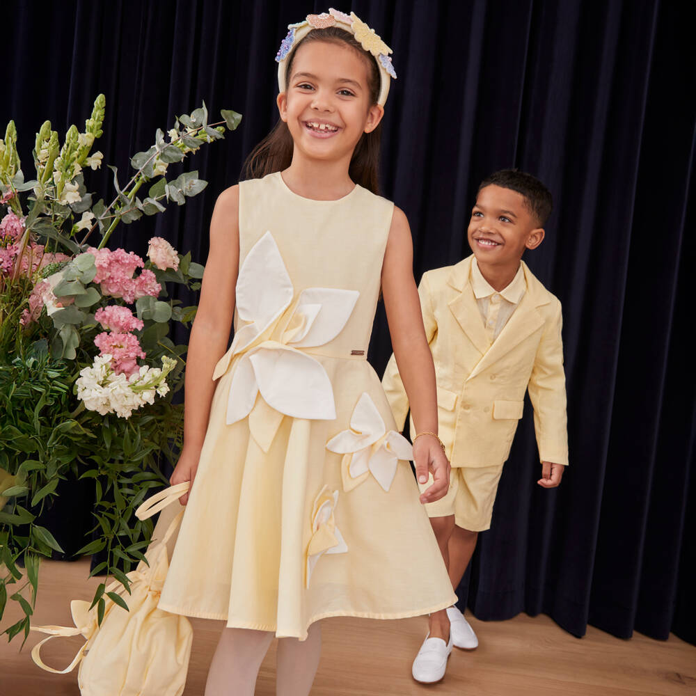 Jessie and James London-Girls Yellow Cotton & Hemp Floral Appliqué Dress | Childrensalon Outlet