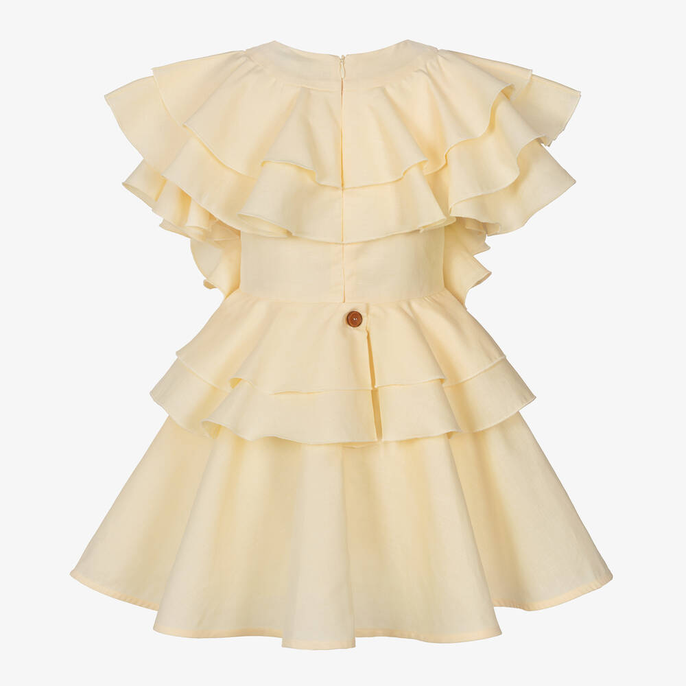Jessie and James London-فستان مزيج قطن لون أصفر مزين بكشكش | Childrensalon Outlet