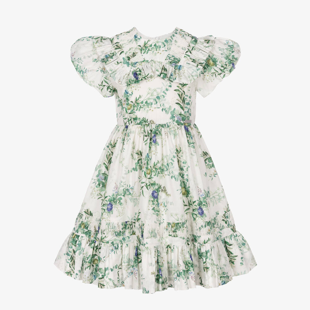 Jessie and James London - Ivory & Green Forest Flowers Cotton Dress | Childrensalon
