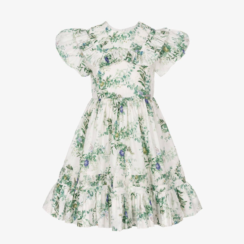 Jessie and James London-Ivory & Green Forest Flowers Cotton Dress | Childrensalon Outlet