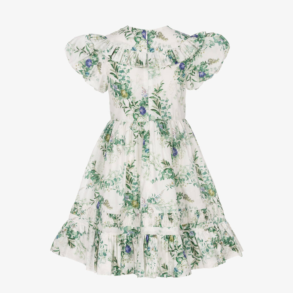 Jessie and James London-Ivory & Green Forest Flowers Cotton Dress | Childrensalon Outlet