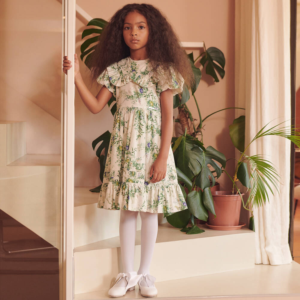 Jessie and James London-Ivory & Green Forest Flowers Cotton Dress | Childrensalon Outlet