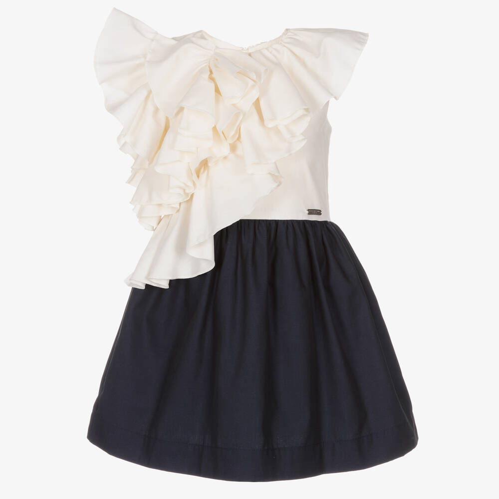 Jessie and James London-Ivory & Navy Blue Waterfall Ruffle Dress | Childrensalon Outlet