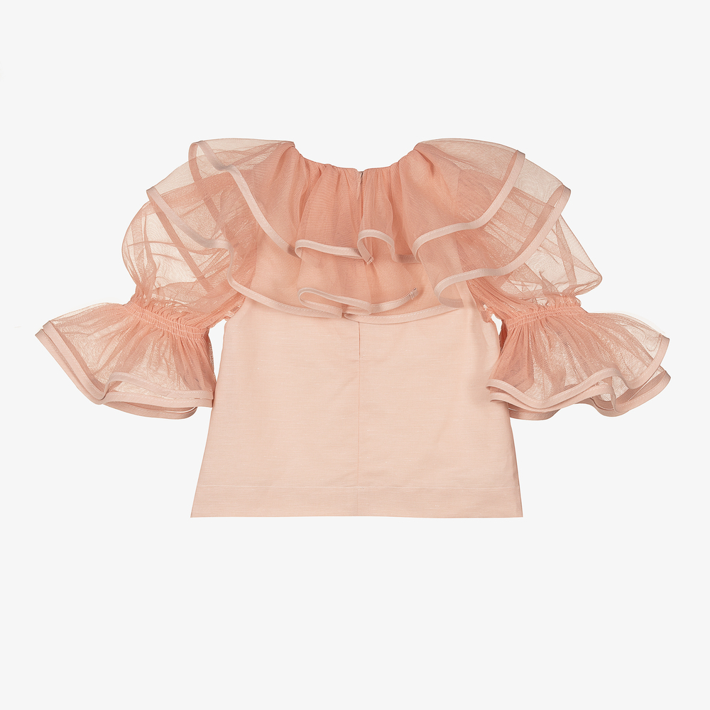 Jessie and James London-بلوز مزيج قطن وتول مزين بكشكش لون زهري باهت للبنات | Childrensalon Outlet