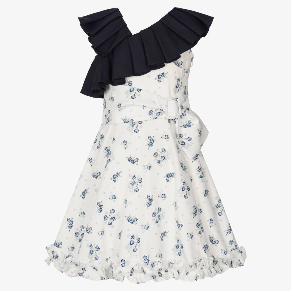 Jessie and James London - White & Blue Floral Ruffle Dress | Childrensalon