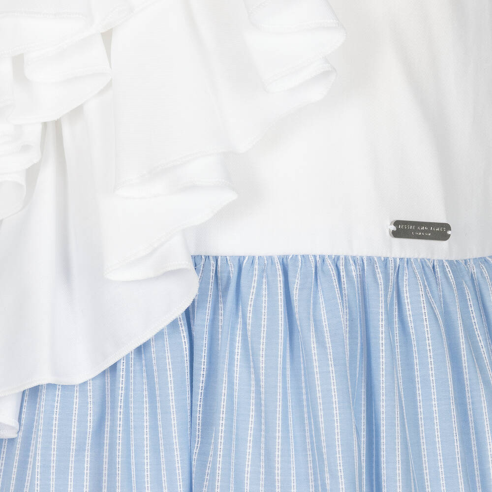 Jessie and James London-White & Blue Stripe Waterfall Ruffle Dress | Childrensalon Outlet